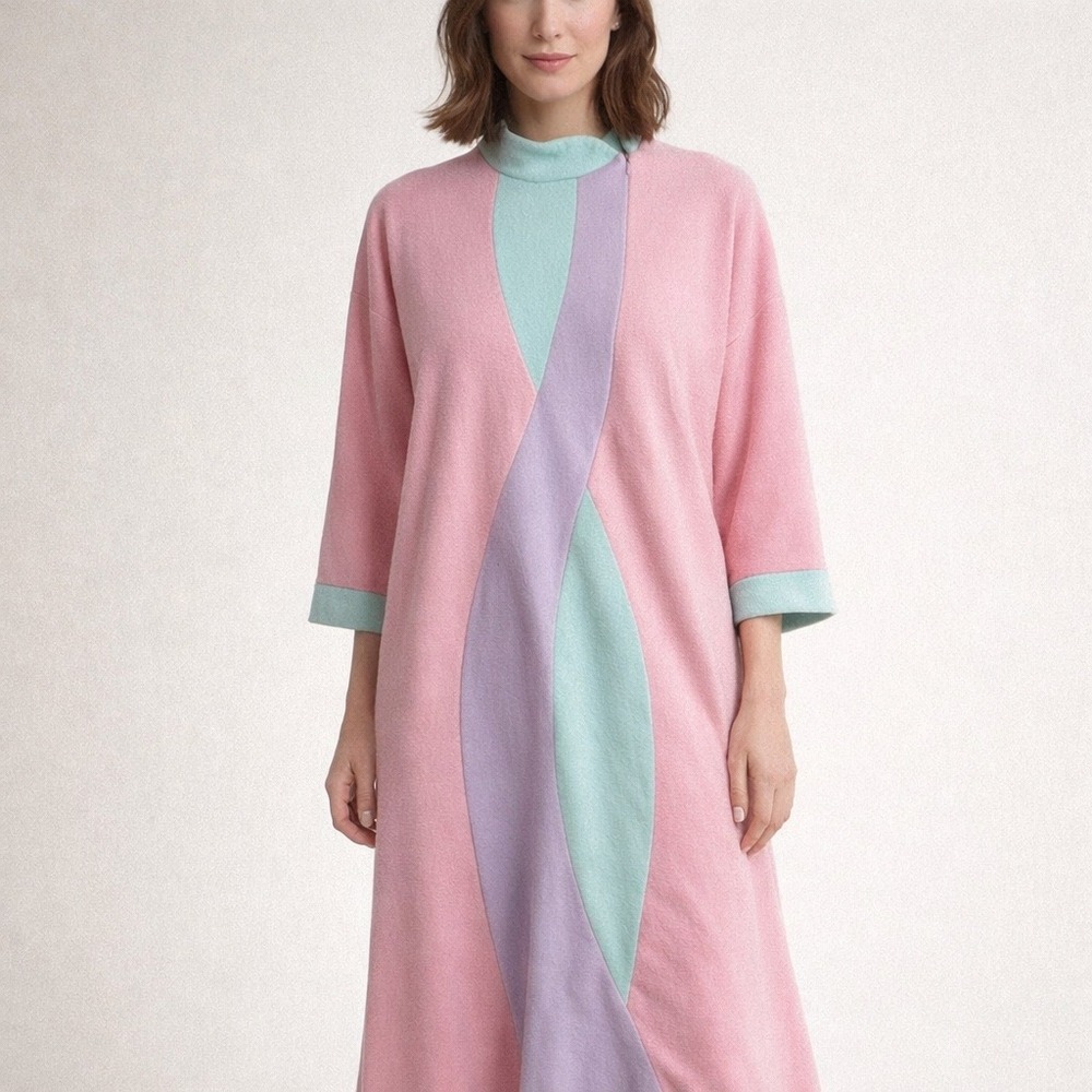 Vintage 1970s Vanity Fair pastel color-block fleece house dress relaxed Robe M